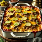 Keto cheeseburger casserole served in a baking dish with melted cheese and ground beef, perfect for a low-carb, family-friendly meal.