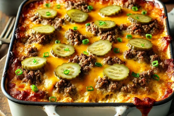 Keto cheeseburger casserole served in a baking dish with melted cheese and ground beef, perfect for a low-carb, family-friendly meal.