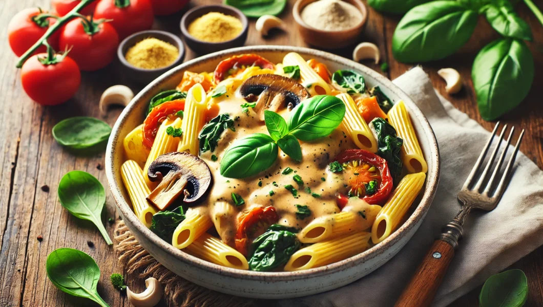 A bowl of creamy vegan Alfredo pasta topped with fresh herbs, made with a cashew-based sauce.