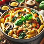 A bowl of creamy vegan Alfredo pasta topped with fresh herbs, made with a cashew-based sauce.