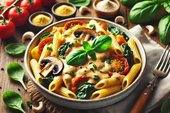 A bowl of creamy vegan Alfredo pasta topped with fresh herbs, made with a cashew-based sauce.