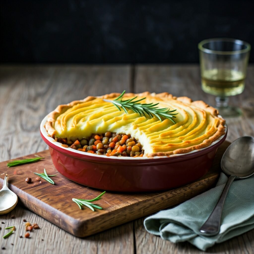 Vegan Lentil Shepherd’s Pie with creamy mashed potatoes and savory lentil filling, a hearty and nutritious plant-based comfort food.