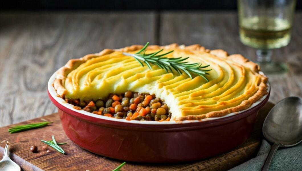 Vegan Lentil Shepherd’s Pie with creamy mashed potatoes and savory lentil filling, a hearty and nutritious plant-based comfort food.