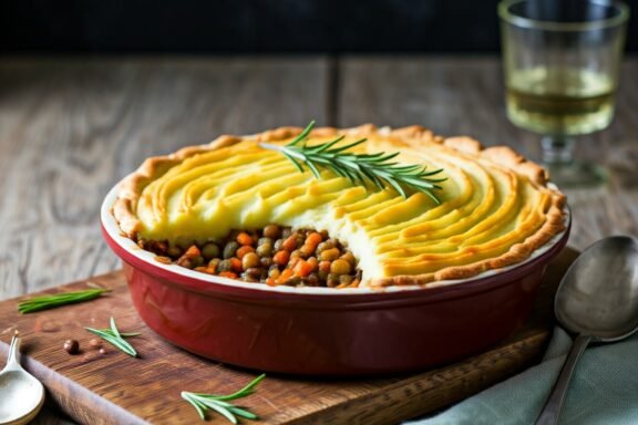 Vegan Lentil Shepherd’s Pie with creamy mashed potatoes and savory lentil filling, a hearty and nutritious plant-based comfort food.