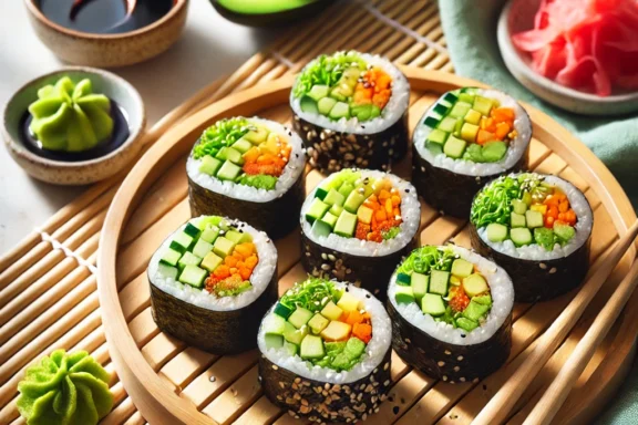 Vegan avocado sushi rolls with fresh vegetables and nori.