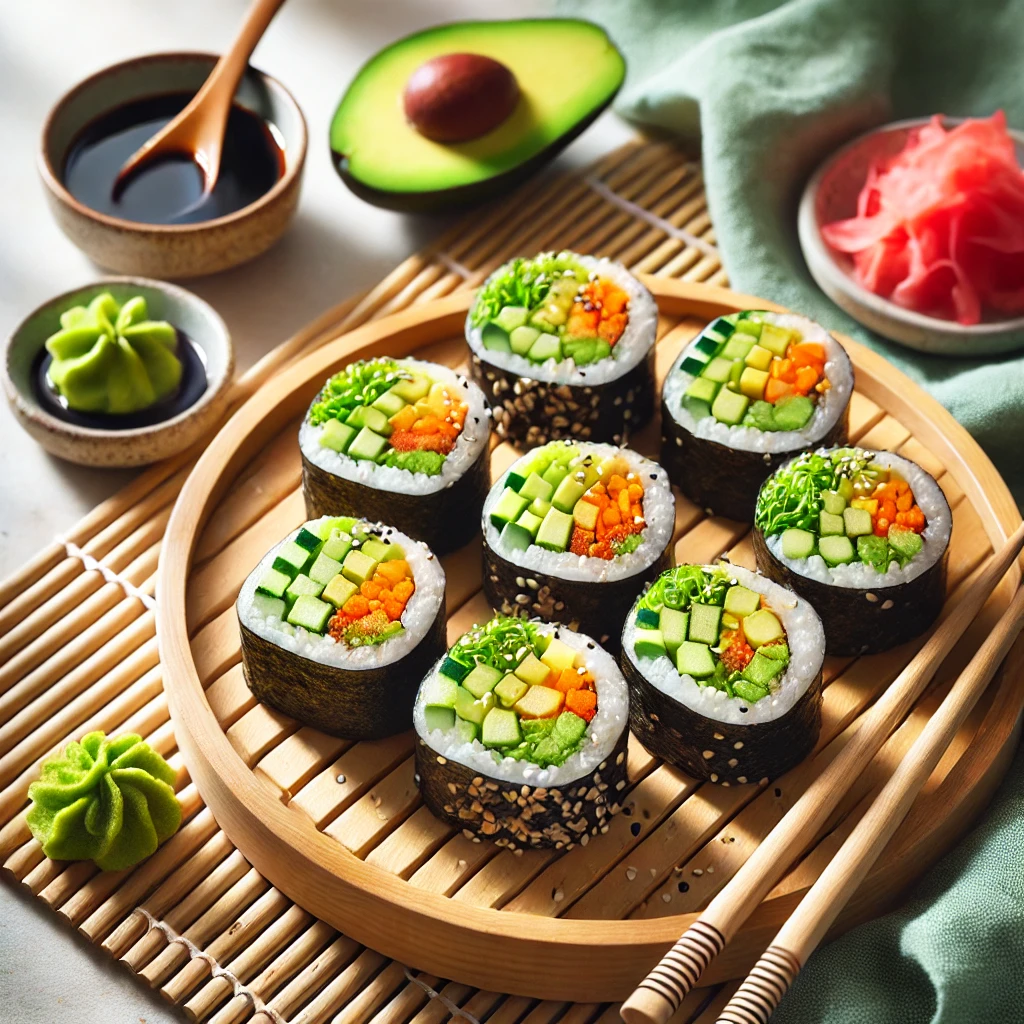 Vegan avocado sushi rolls with fresh vegetables and nori.