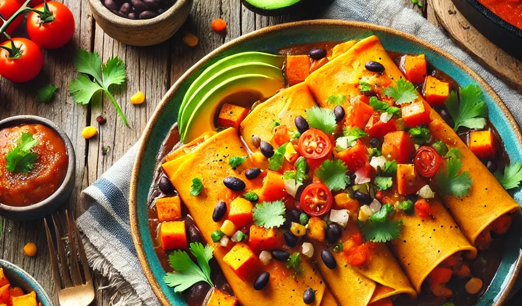 Vegan Sweet Potato and Black Bean Enchiladas topped with fresh cilantro and a side of salsa.