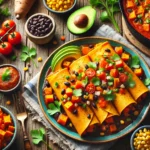 Vegan Sweet Potato and Black Bean Enchiladas topped with fresh cilantro and a side of salsa.