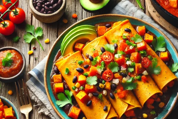 Vegan Sweet Potato and Black Bean Enchiladas topped with fresh cilantro and a side of salsa.