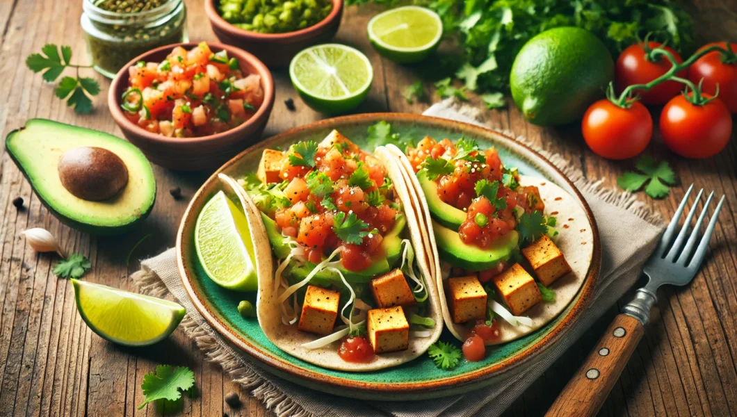 Vegan Tofu Tacos with Salsa Verde topped with fresh vegetables and served in a corn tortilla.