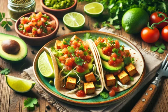 Vegan Tofu Tacos with Salsa Verde topped with fresh vegetables and served in a corn tortilla.