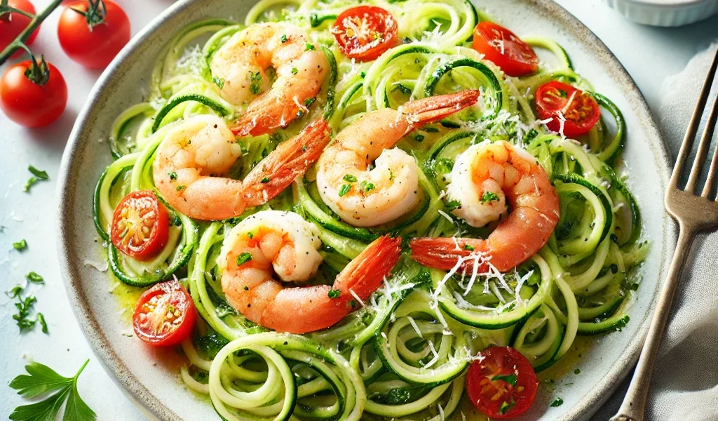 A delicious plate of zucchini noodles topped with garlic shrimp, fresh parsley, and Parmesan cheese.