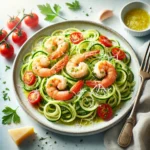 A delicious plate of zucchini noodles topped with garlic shrimp, fresh parsley, and Parmesan cheese.