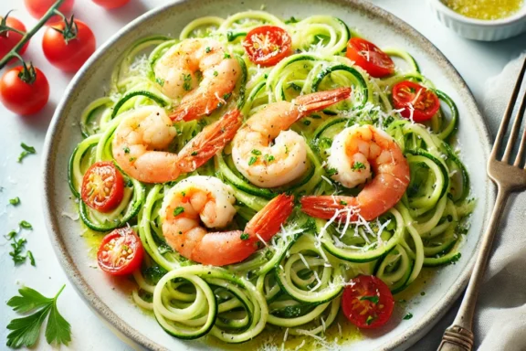 A delicious plate of zucchini noodles topped with garlic shrimp, fresh parsley, and Parmesan cheese.