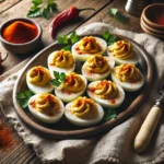 Deviled eggs garnished with paprika on a white platter.