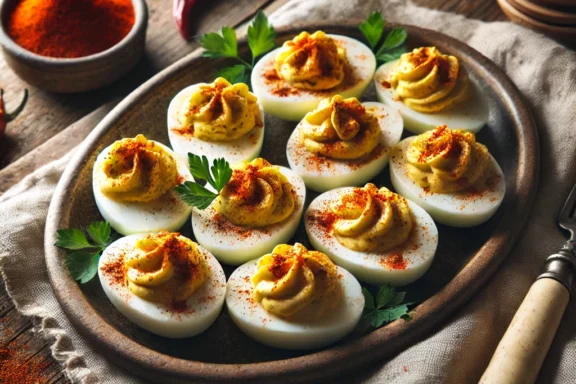 Deviled eggs garnished with paprika on a white platter.